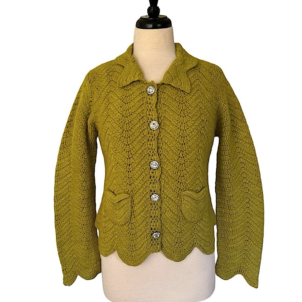 Vintage Lambswool Blend Rhinestone Button Cardigan Green Size Medium